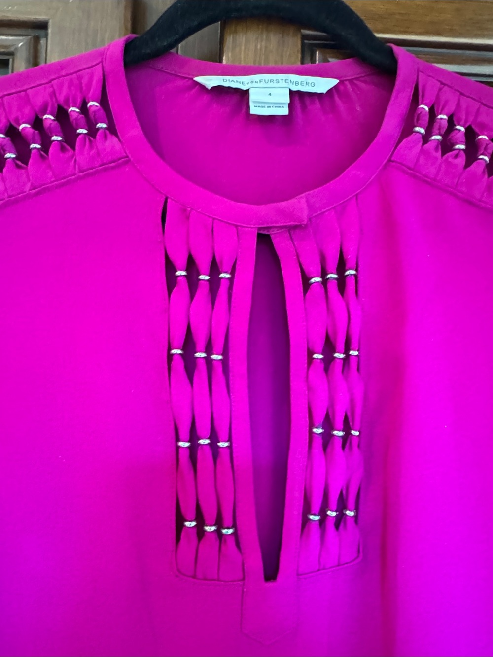 Diane Von Furstenberg Bright Fuchsia Beaded Keyhole Blouse
